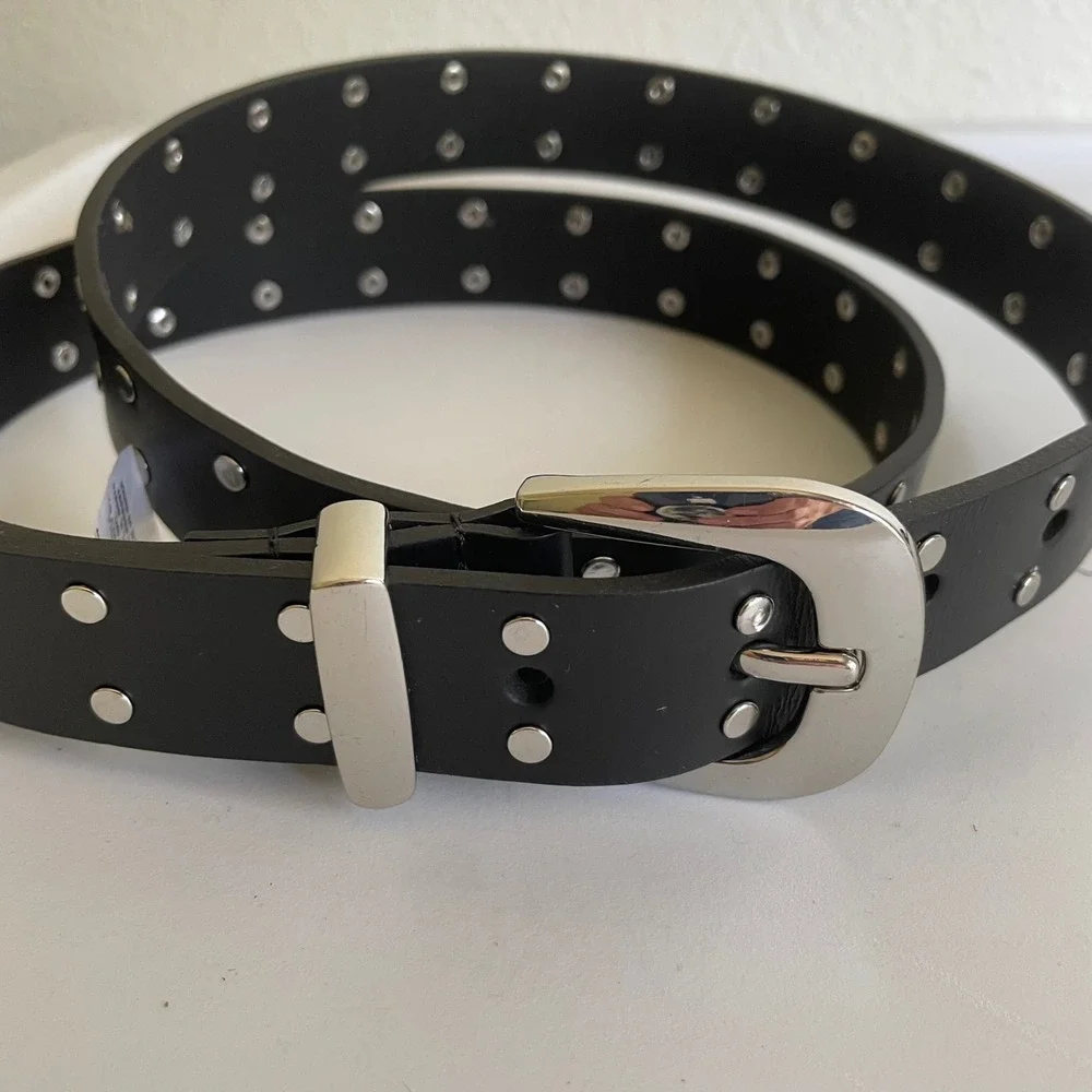 Black Leather Double Studded Belt Punk Goth Retro Rock Gothic XL 38-41 inch‎